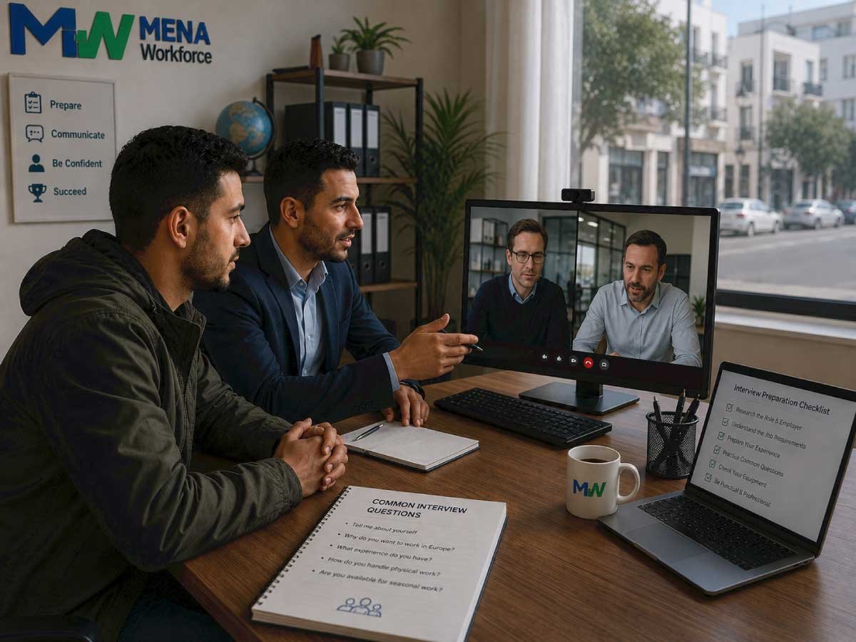 worker preparing for an online job interview with European employers