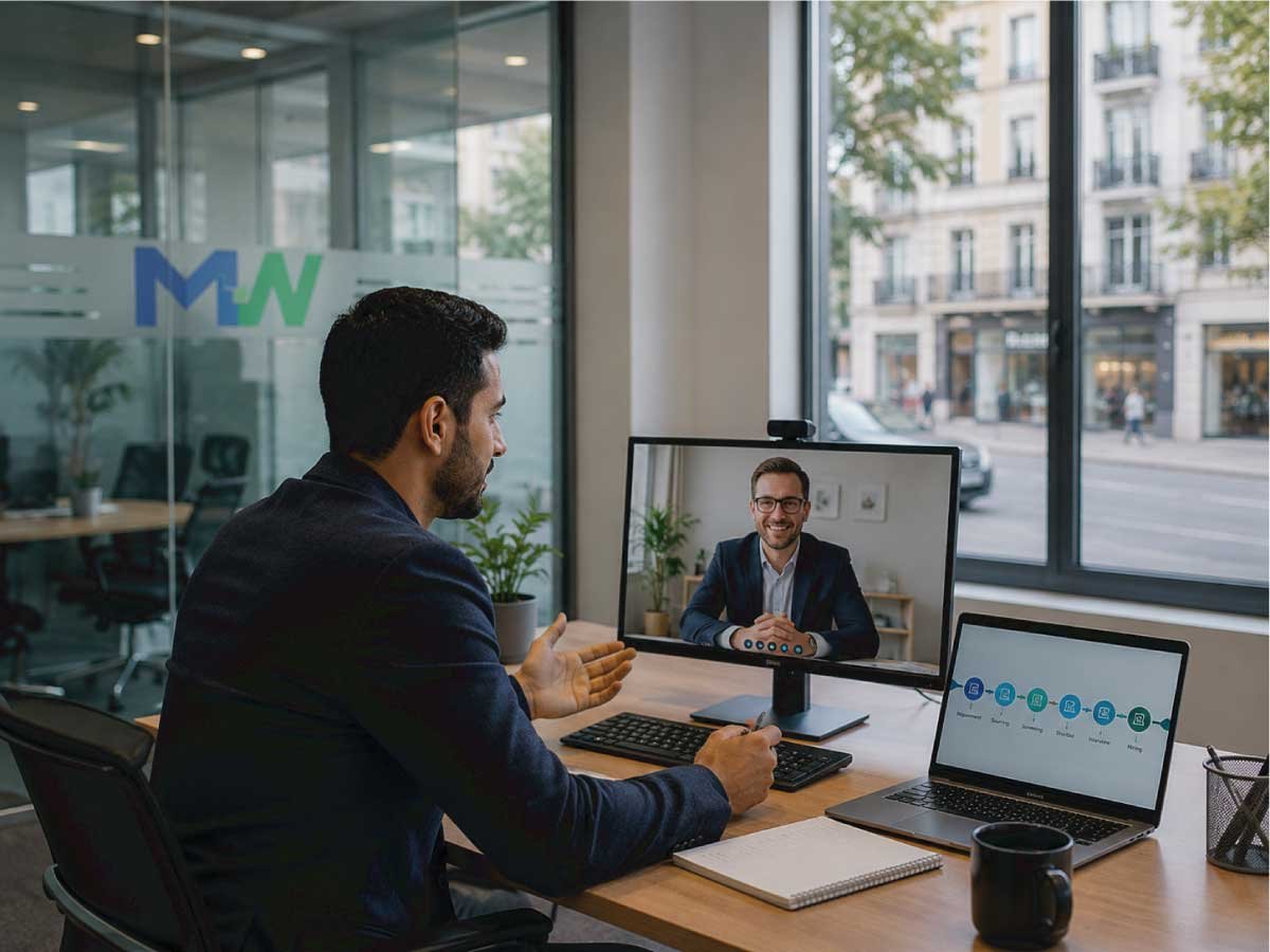 MenaWorkforce consultant discussing workforce recruitment with a European client via video call