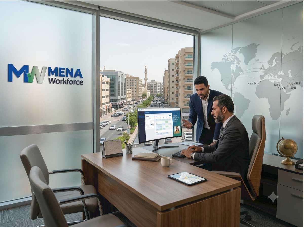 Two business consultants meeting at a desk with the MENA Workforce logo on the office wall